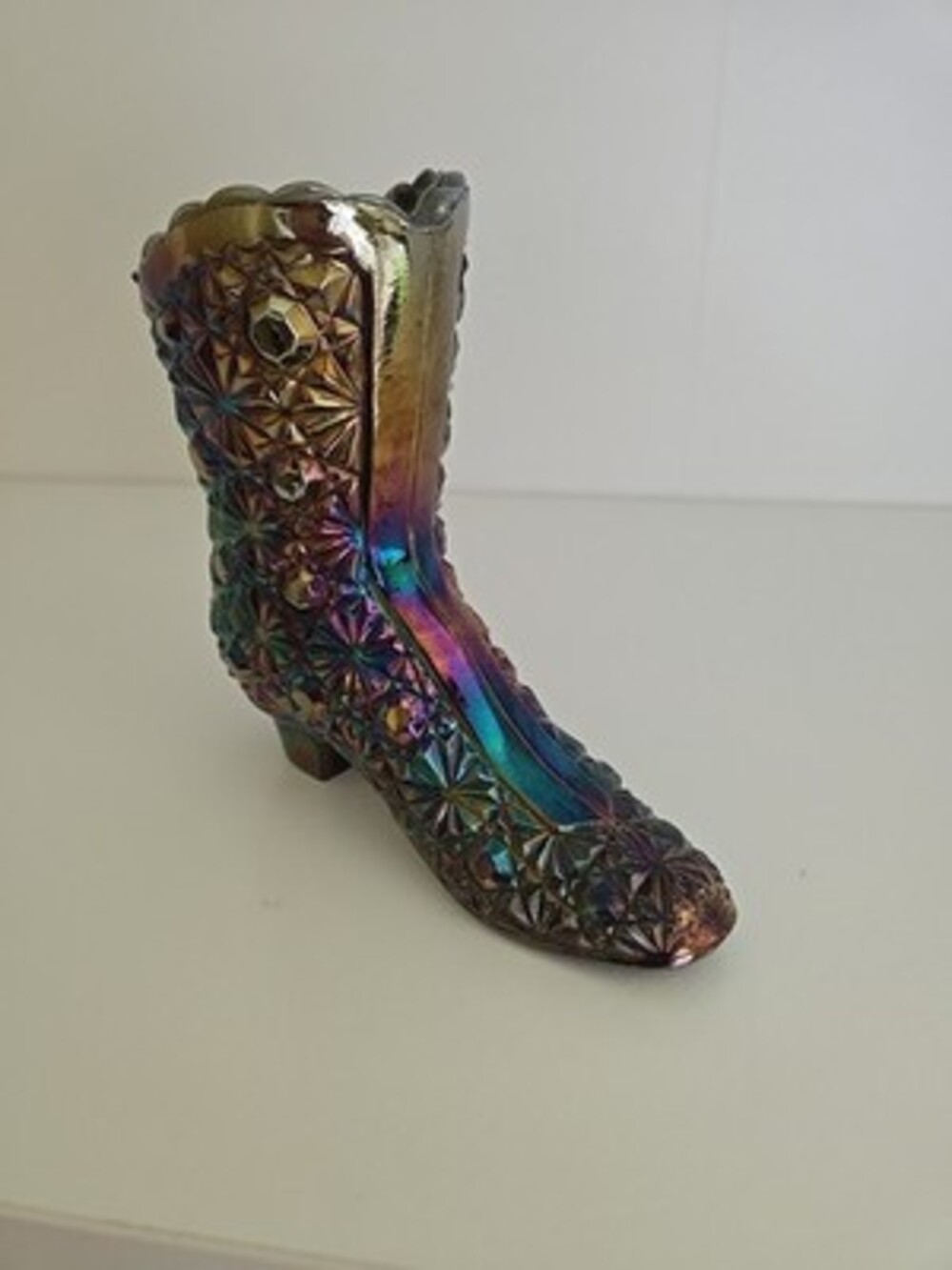 Fenton Black Amethyst Iridescent Glass Boot Daisy Button Design Stamped Vintage